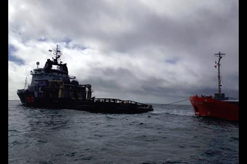 'Alp Centre' connecting to the 'Lady Alida' (Image: Penlee lifeboat)